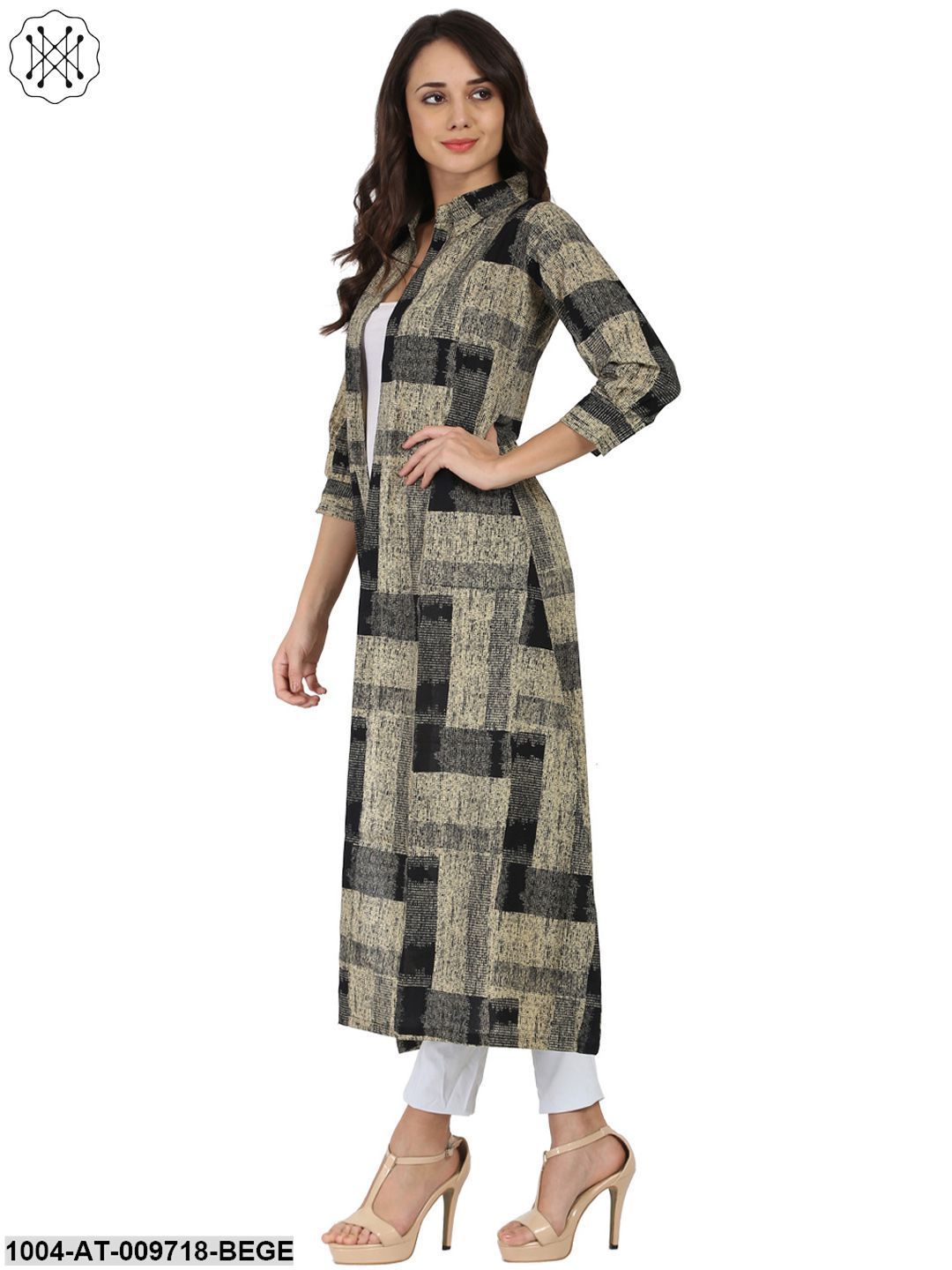 Beige & Black Printed 3/4Th Sleeve Cotton Cape Kurta With Front Open