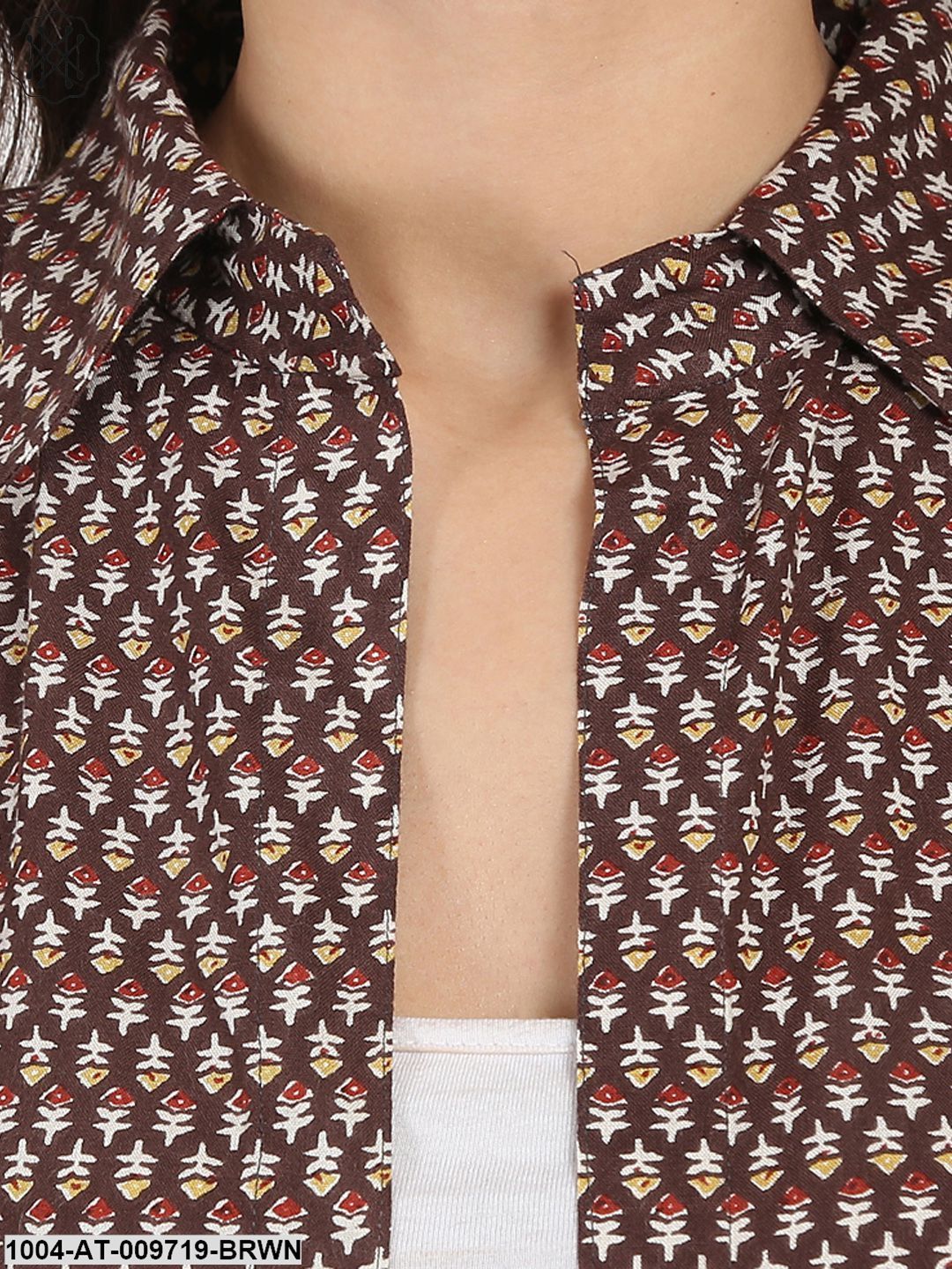 Brown Printed 3/4Th Sleeve Cotton Kurta With Front Open