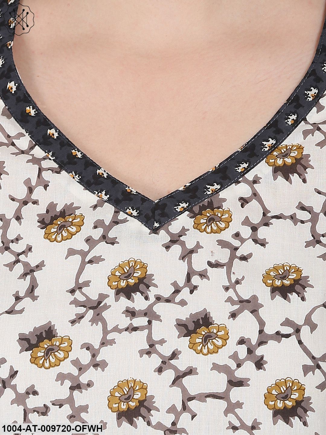 Off White Printed Half Sleeve Cotton Low High Kurta