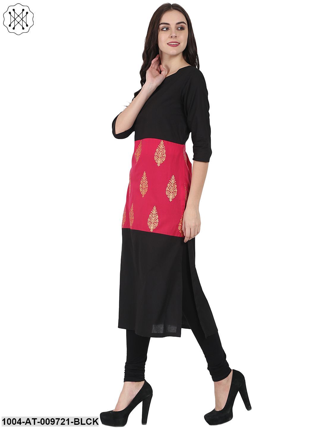 Black & Red Printed 3/4Th Sleeve Cotton Kurta