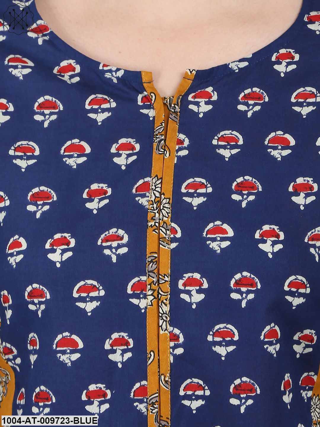Blue & Yellow Printed 3/4Th Sleeve Cotton A-Line Kurta