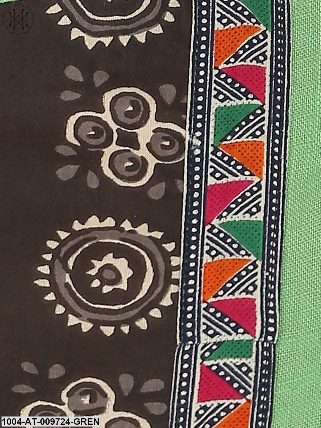 Green Printed 3/4Th Sleeve Cotton A-Line Kurta