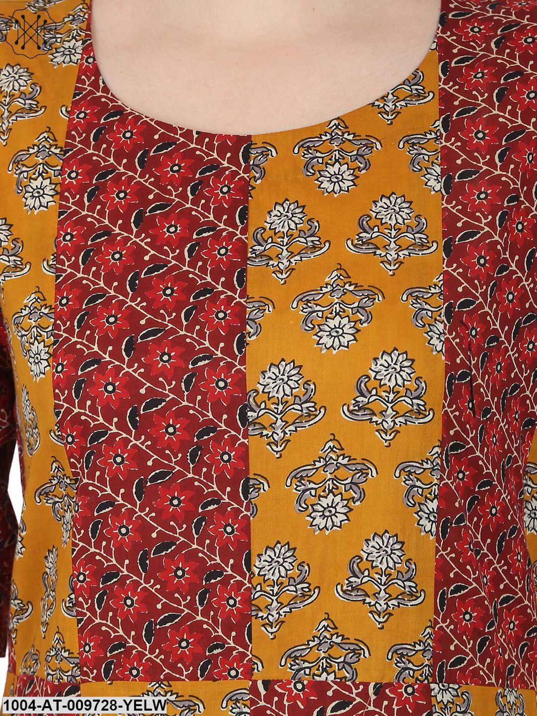Yellow & Maroon Printed 3/4Th Sleeve Cotton A-Line Kurta