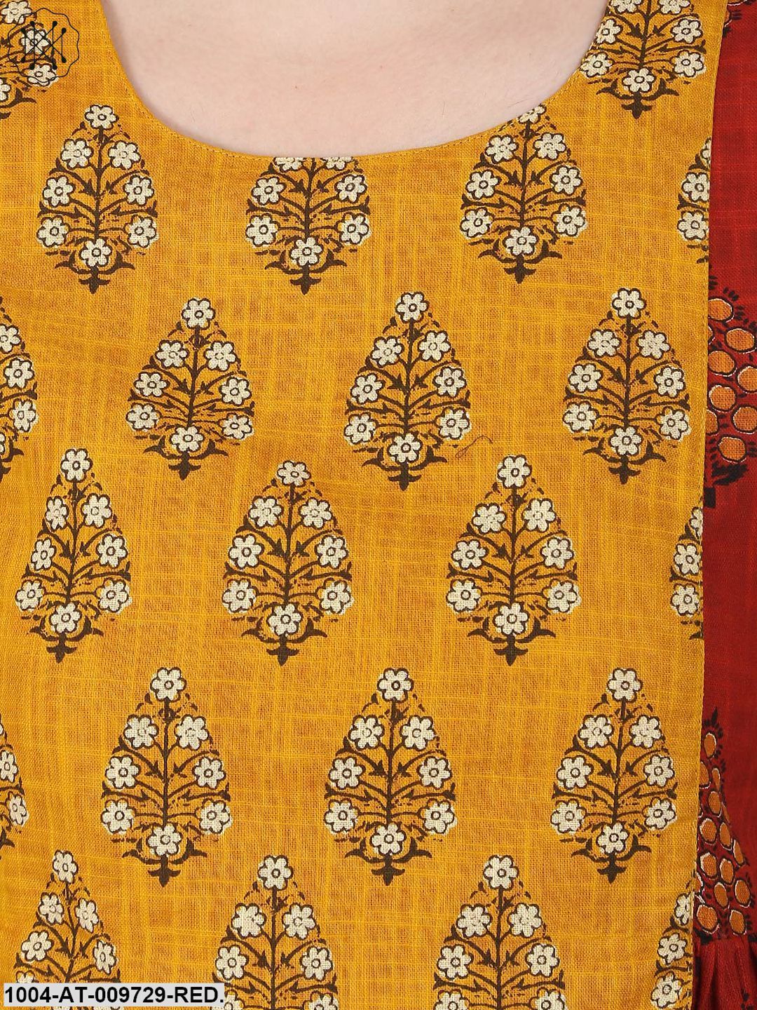 Red Printed Half Sleeve Cotton Slub Anarkali Kurta