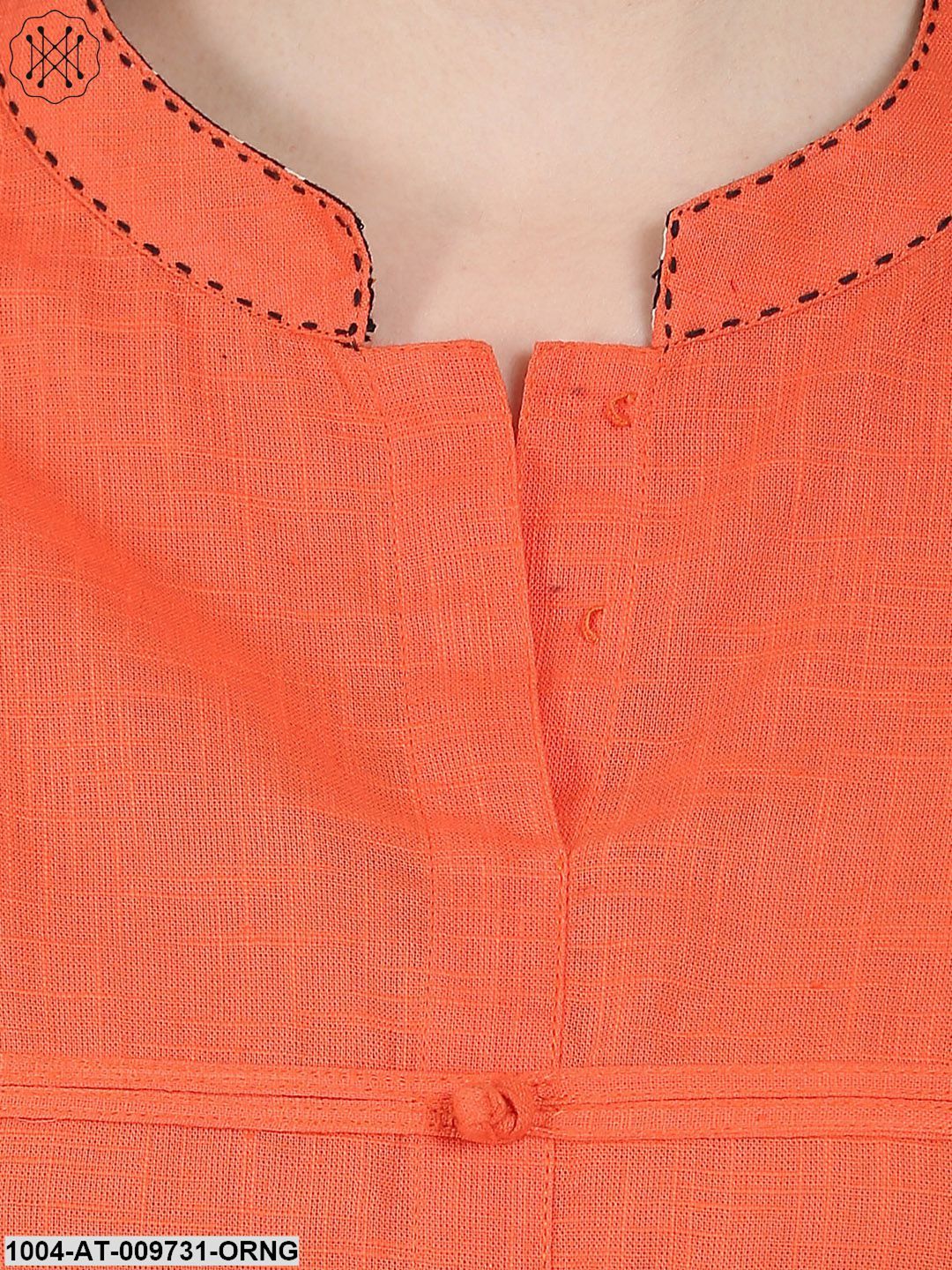 Orange 3/4Th Sleeve Cotton Slub A-Line Kurta