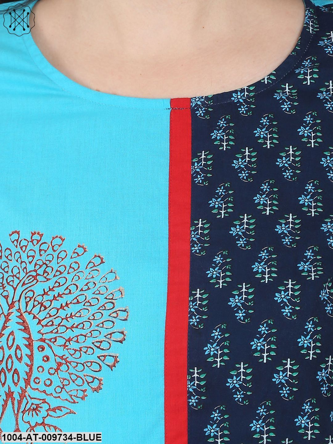 Blue 3/4Th Sleeve Block Printed A-Line Kurta