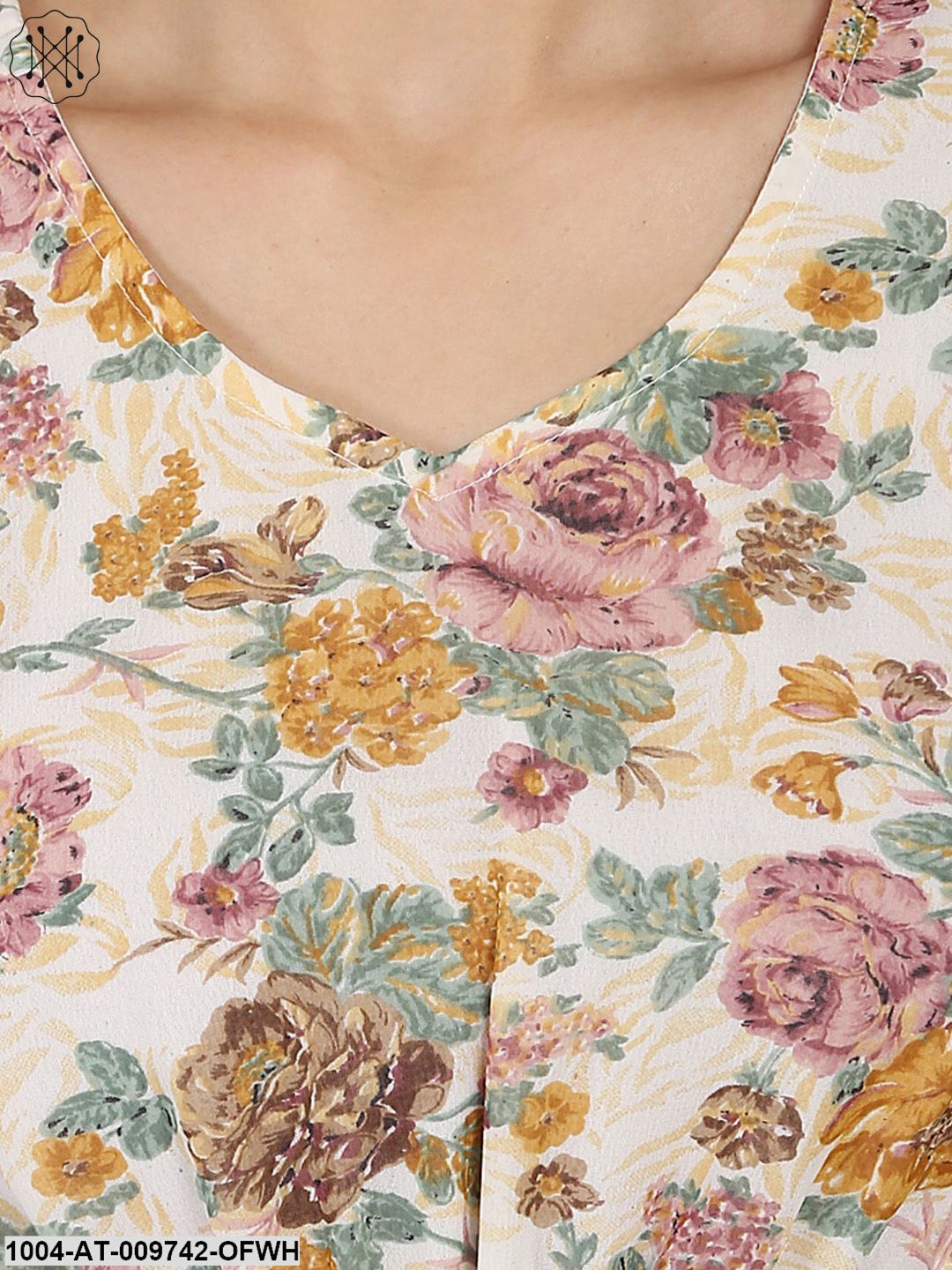 Off White Flower Printed 3/4Th Sleeve Georgette Anarkali Kurta