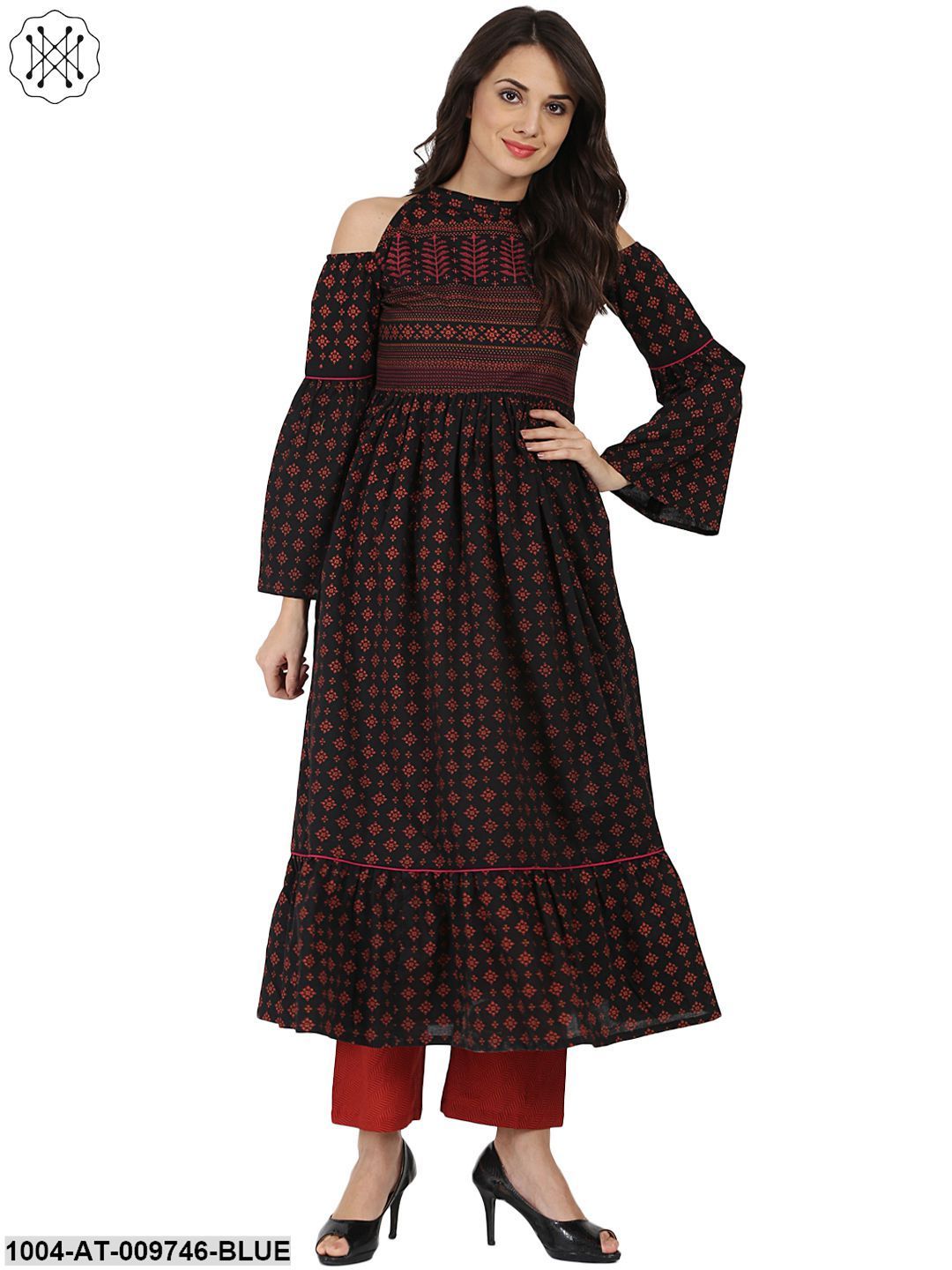 Blue Printed Full Sleeve Cold Shoulder Cotton Anarkali Kurta