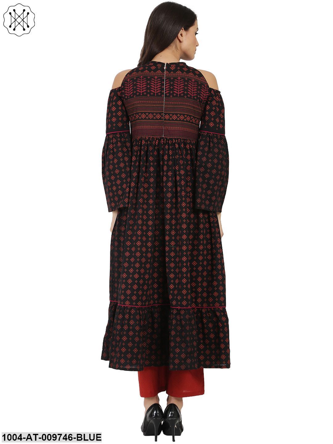 Blue Printed Full Sleeve Cold Shoulder Cotton Anarkali Kurta