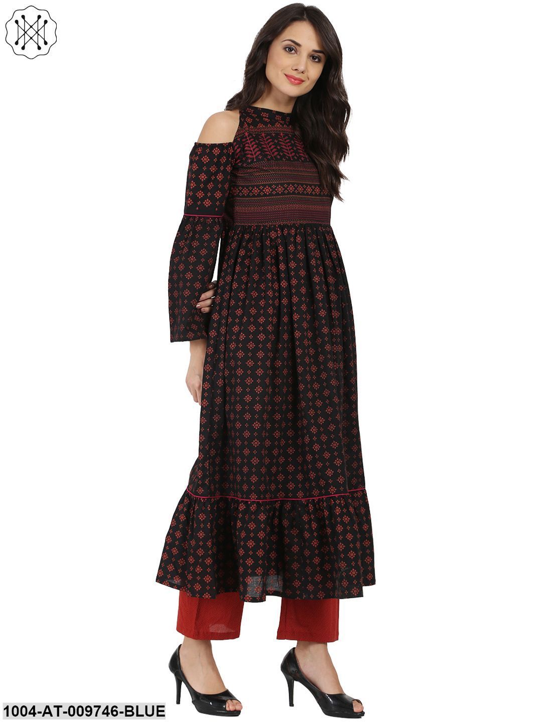 Blue Printed Full Sleeve Cold Shoulder Cotton Anarkali Kurta