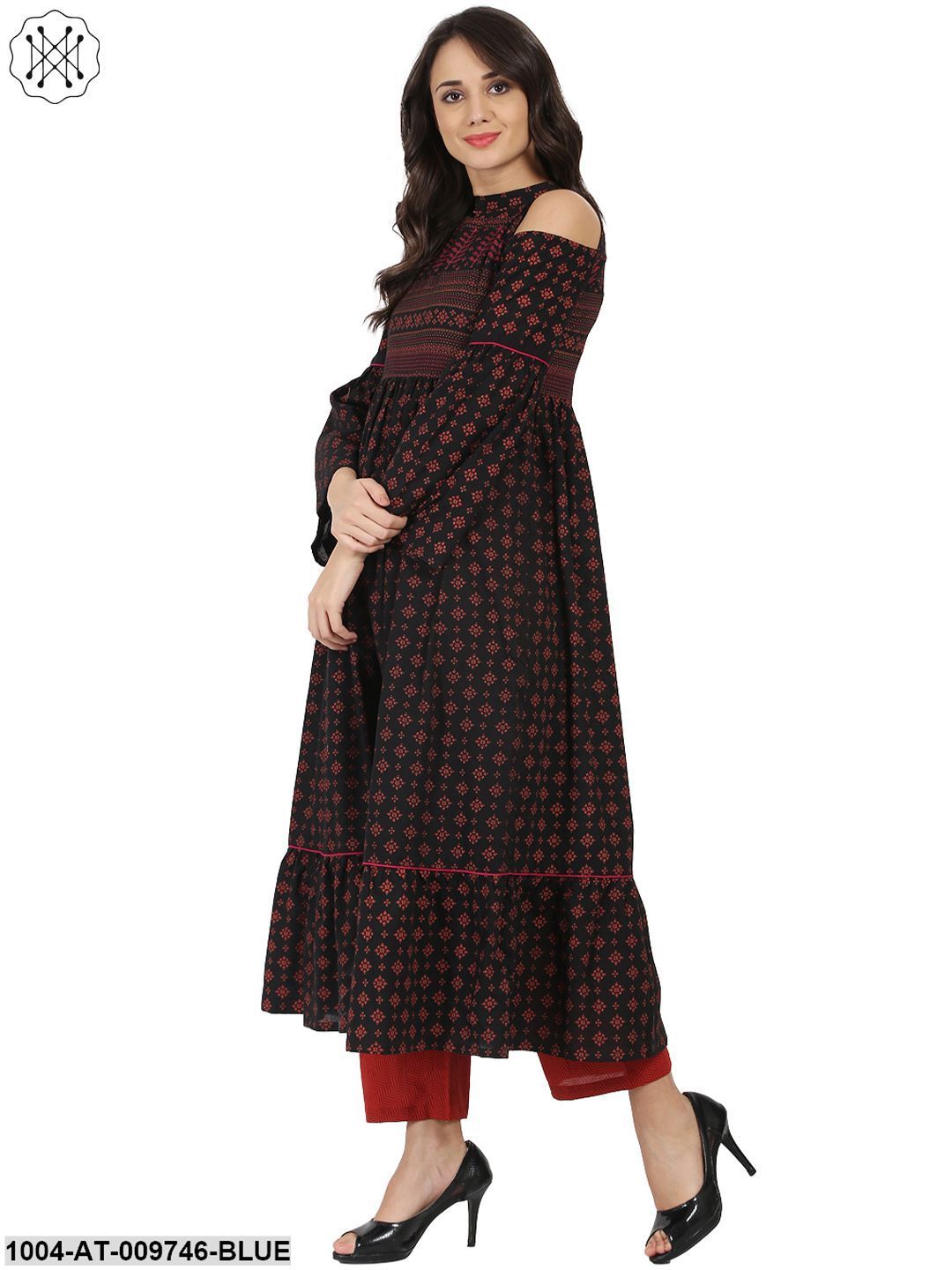 Blue Printed Full Sleeve Cold Shoulder Cotton Anarkali Kurta