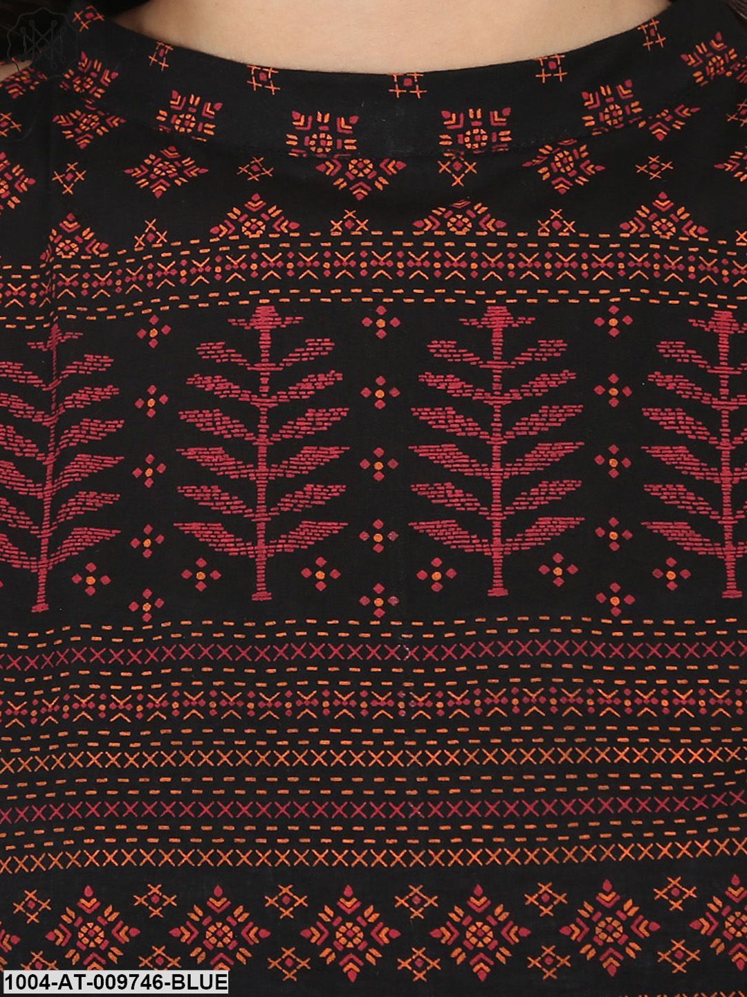 Blue Printed Full Sleeve Cold Shoulder Cotton Anarkali Kurta