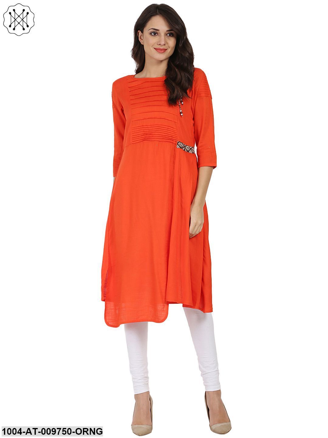 Orange 3/4Th Sleeve Rayon Slub A-Line Kurta With Pleat Work At Yoke