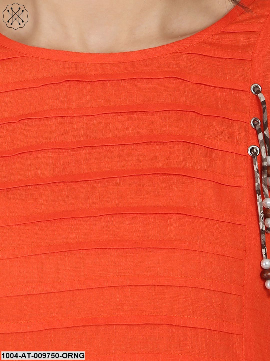 Orange 3/4Th Sleeve Rayon Slub A-Line Kurta With Pleat Work At Yoke