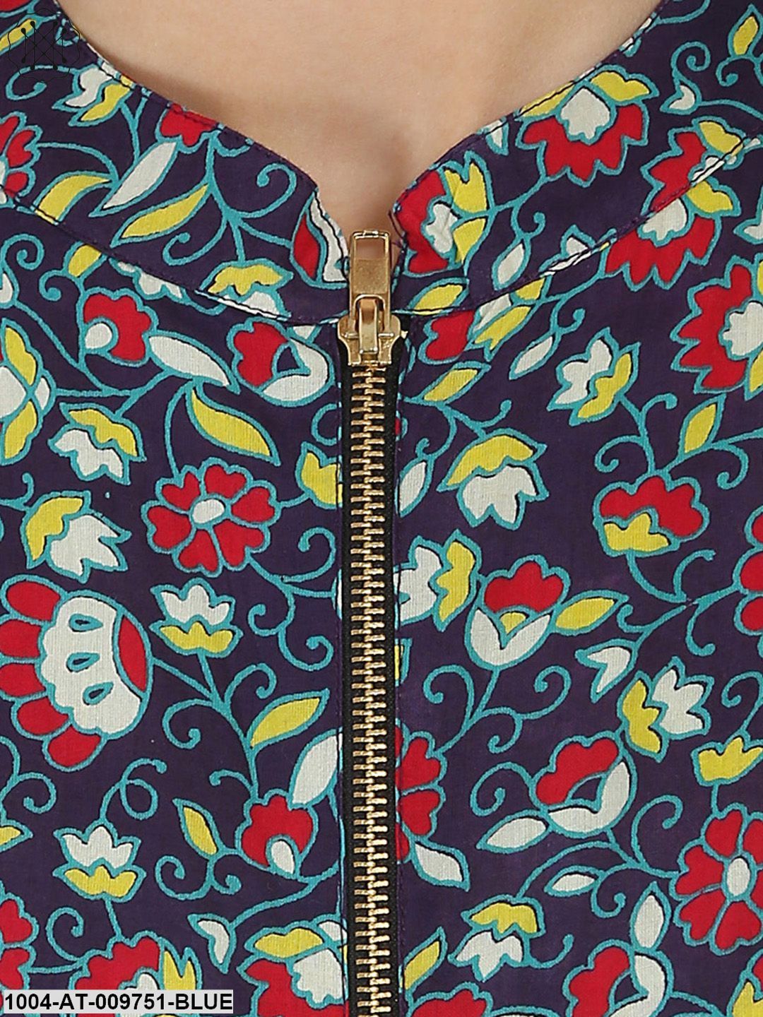 Blue & Yellow Printed Sleeveless Cotton Anarkali Kurta With Zip At Yoke