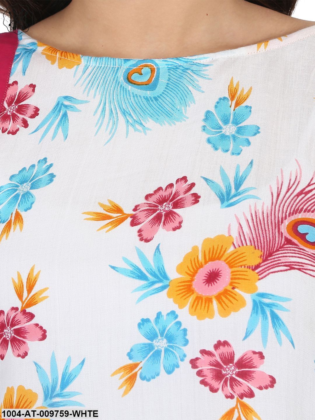 White Printed One Side Sleeve Rayon Flared Kaftan Kurta