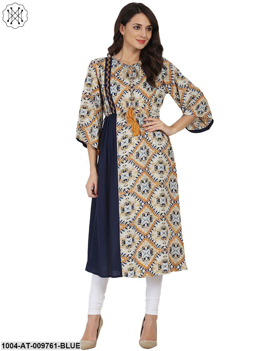 Blue Printed 3/4Th Sleeve Rayon Anarkali Kurta With Embroidery Work