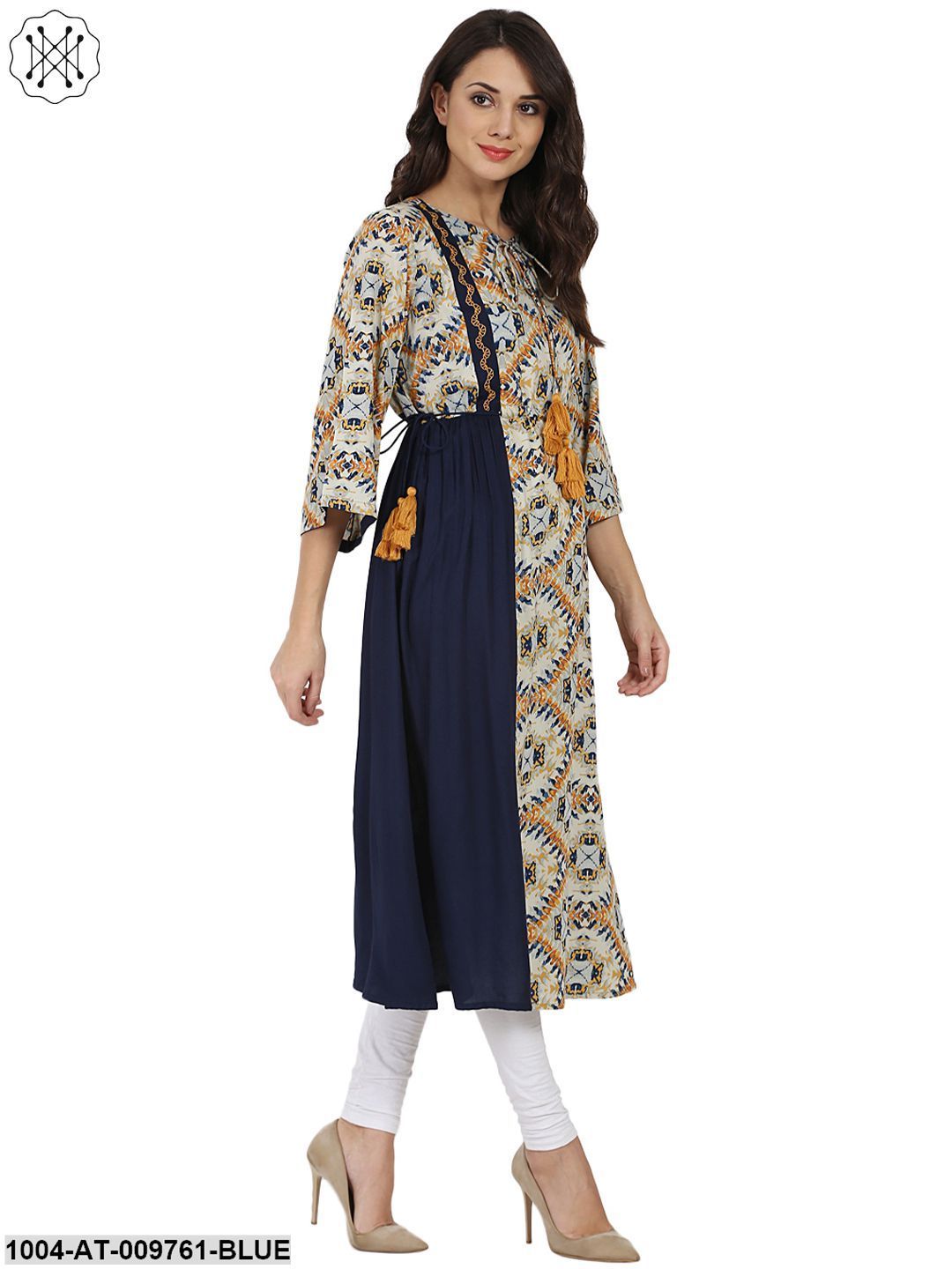Blue Printed 3/4Th Sleeve Rayon Anarkali Kurta With Embroidery Work