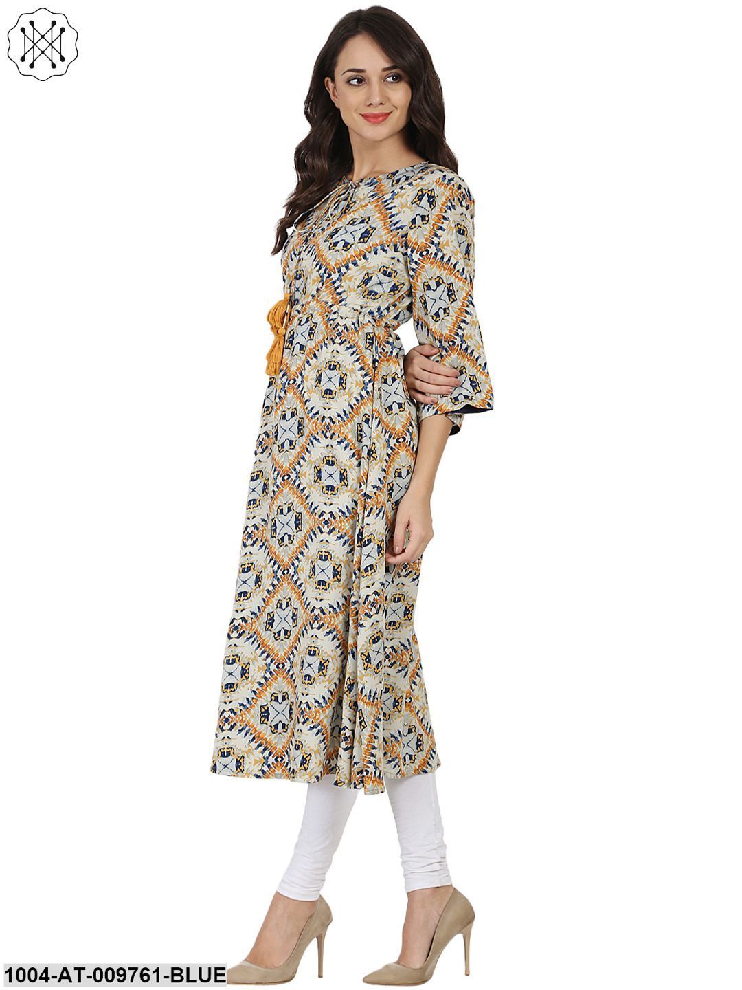 Blue Printed 3/4Th Sleeve Rayon Anarkali Kurta With Embroidery Work