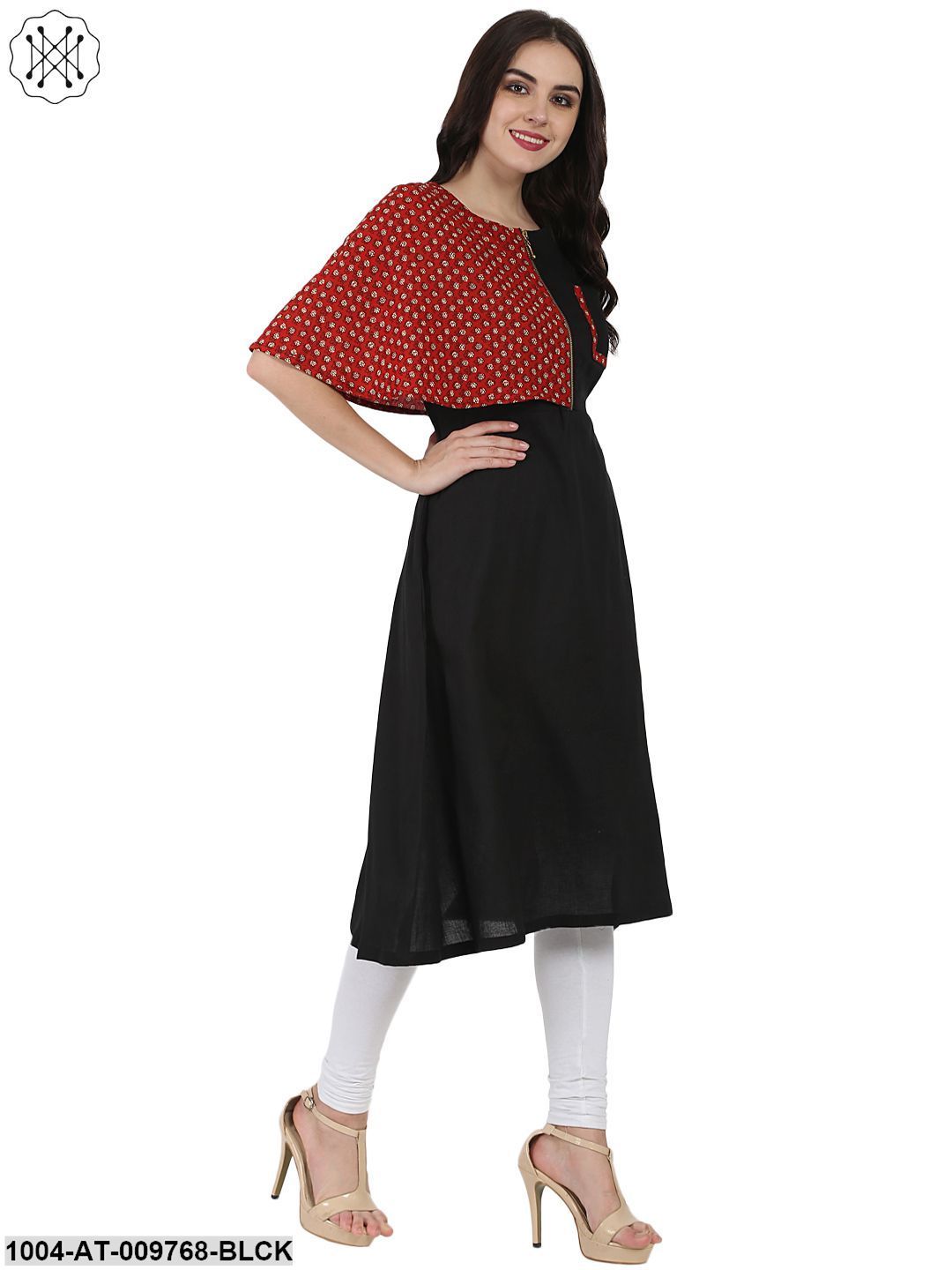Black Printed Sleeveless Cotton A-Line Kurta