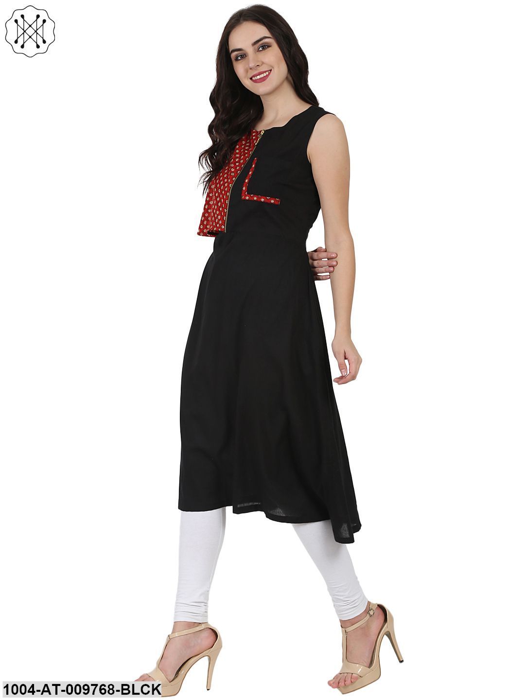 Black Printed Sleeveless Cotton A-Line Kurta