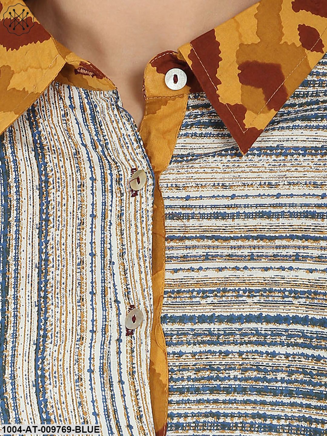 Blue Printed 3/4Th Sleeve Cotton A-Line Front Open Kurta