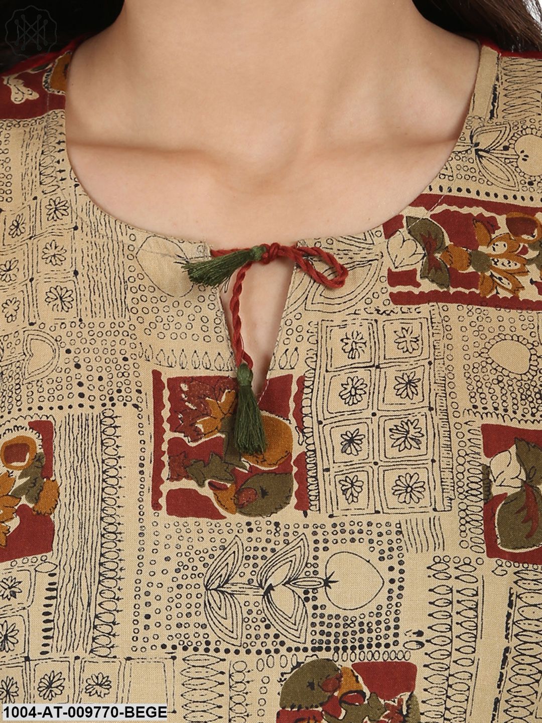 Beige Printed Sleeveless Cotton Anarkali Kurta