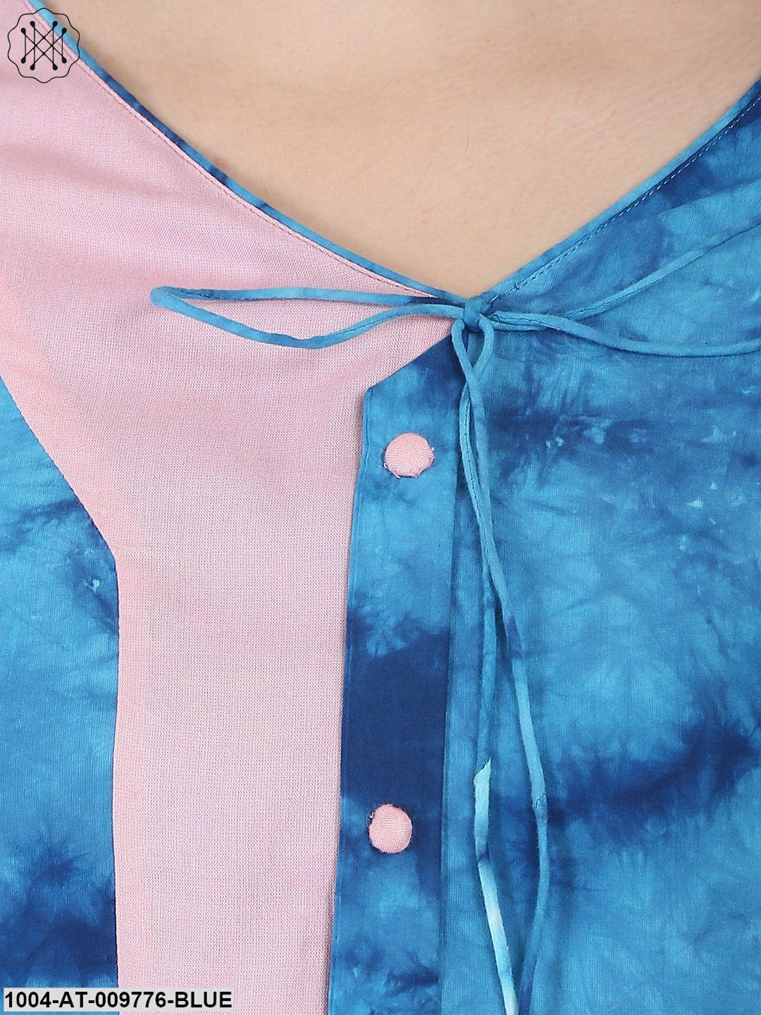 Blue Printed Half Sleeve A-Line Rayon Kurta With Dori Work At Yoke