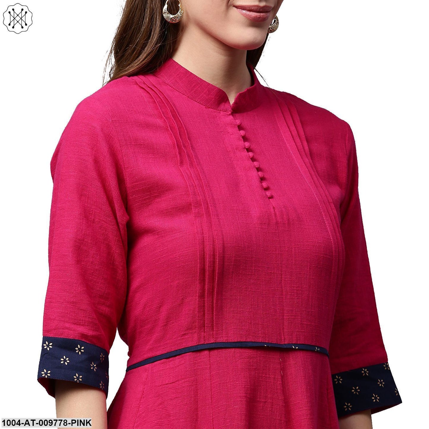 Pink 3/4Th Sleeve Cotton Slub Anarkali Kurta
