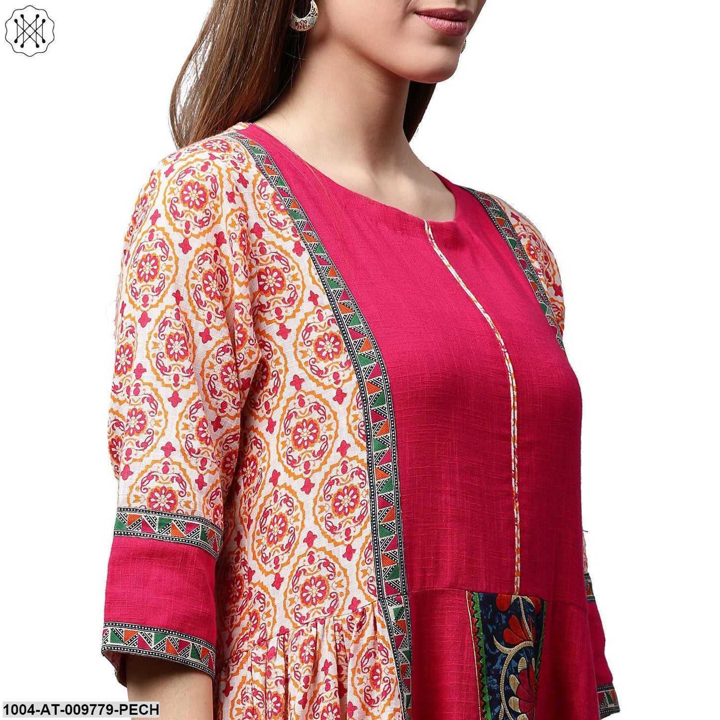 Peach & Pink Printed 3/4Th Sleeve Cotton Slub Anarkali Kurta