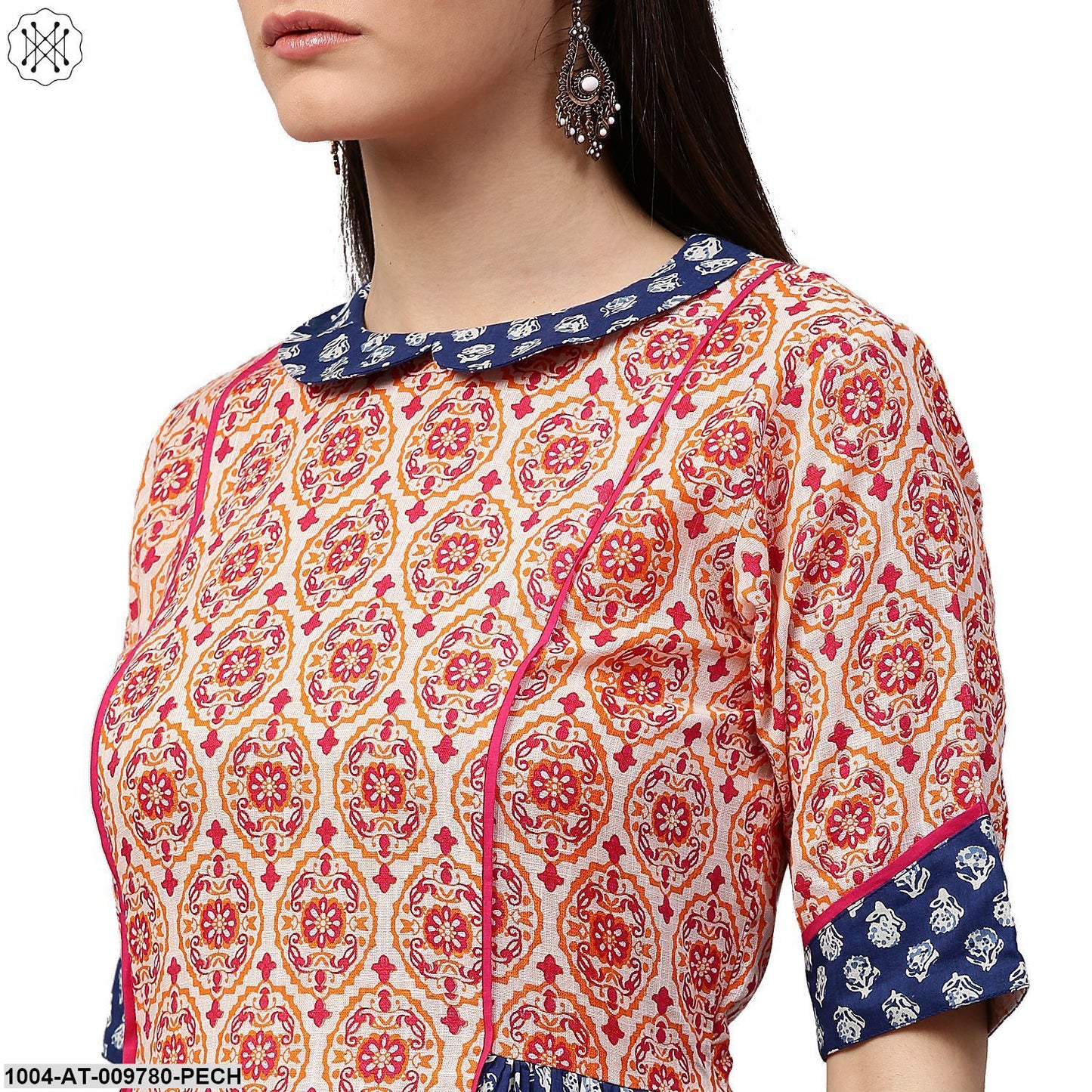 Peach & Blue Printed 3/4Th Sleeve Cotton Slub A-Line Kurta