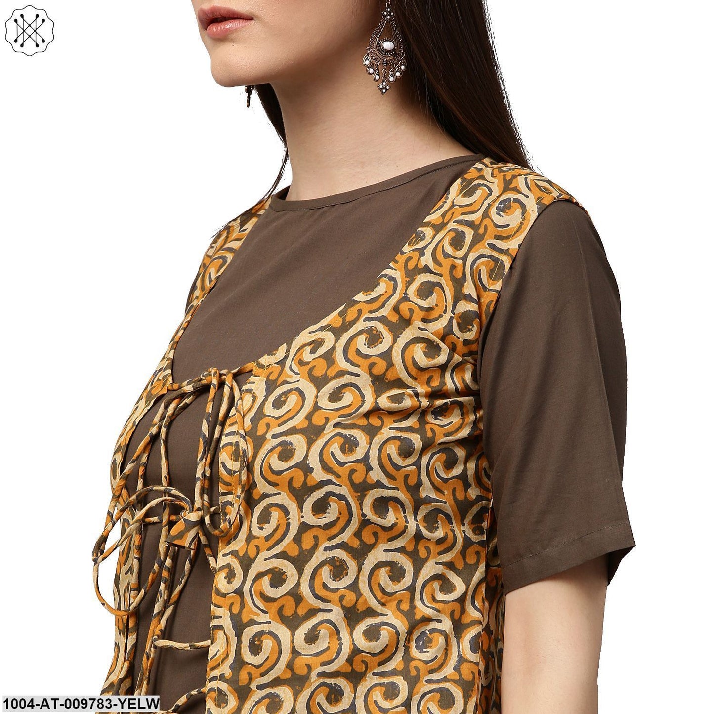 Dark Green Half Sleeve Cotton Kurta With Yellow Printed Floor Length Jacket