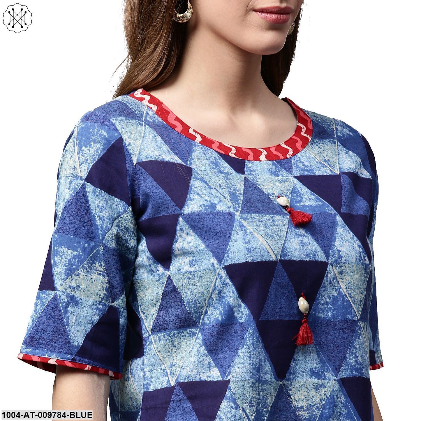 Blue Printed Half Sleeve Cotton Straight Kurta With Pocket
