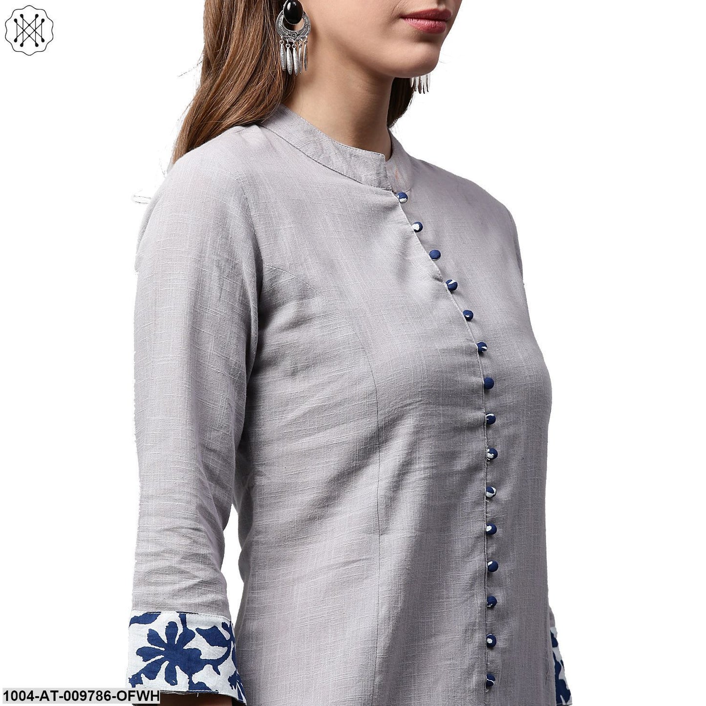 Off White 3/4Th Sleeve Cotton A-Line Kurta