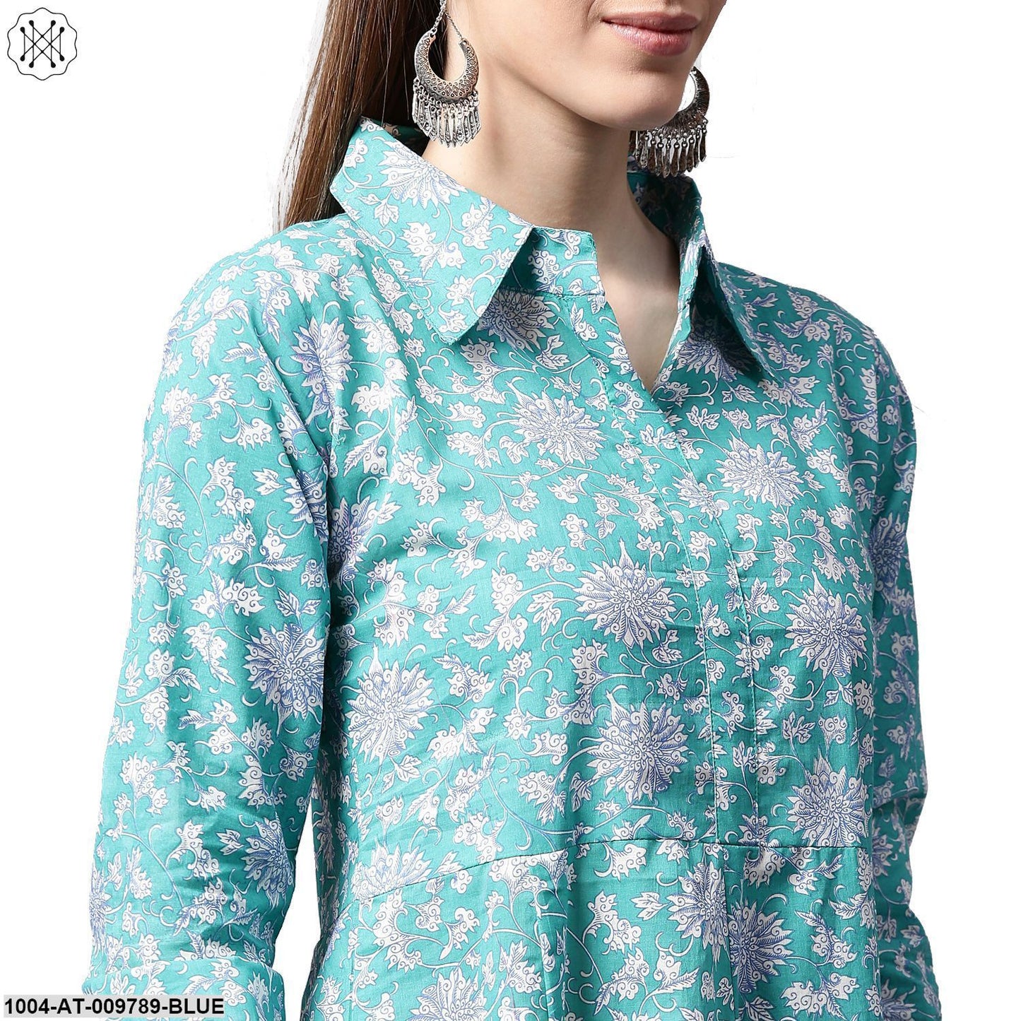 Blue Printed 3/4Th Sleeve Cotton A-Line Kurta