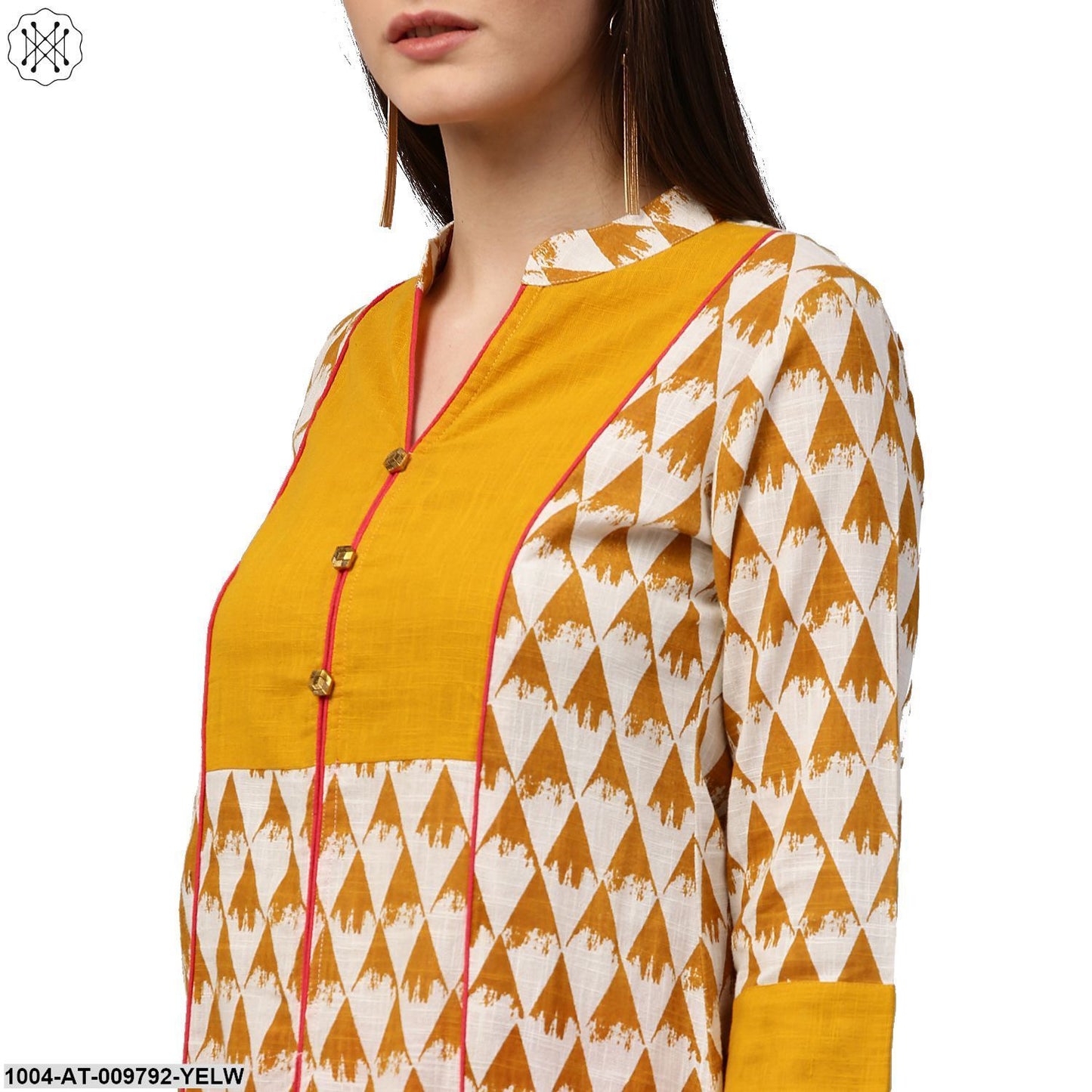 Yellow Printed 3/4Th Sleeve Cotton A-Line Kurta