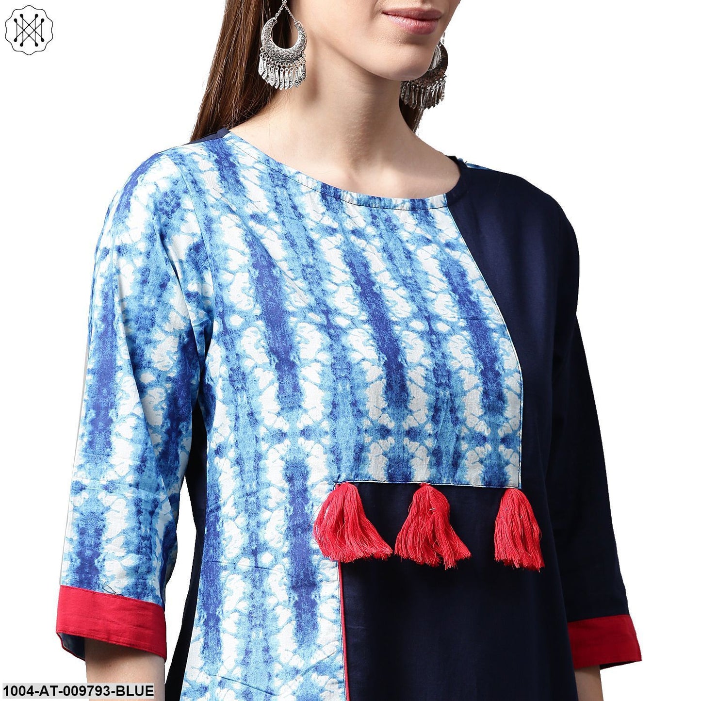 Blue Printed 3/4Th Sleeve Cotton Kurta