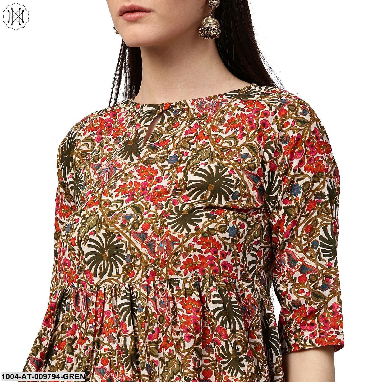 Green Printed 3/4Th Sleeve Cotton Low High Kurta