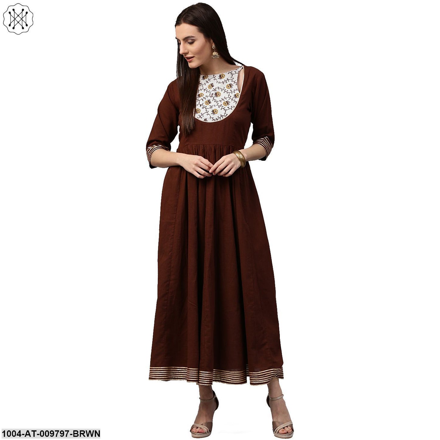 Coffee 3/4Th Sleeve Cotton Anarkali Kurta With Printed Yoke