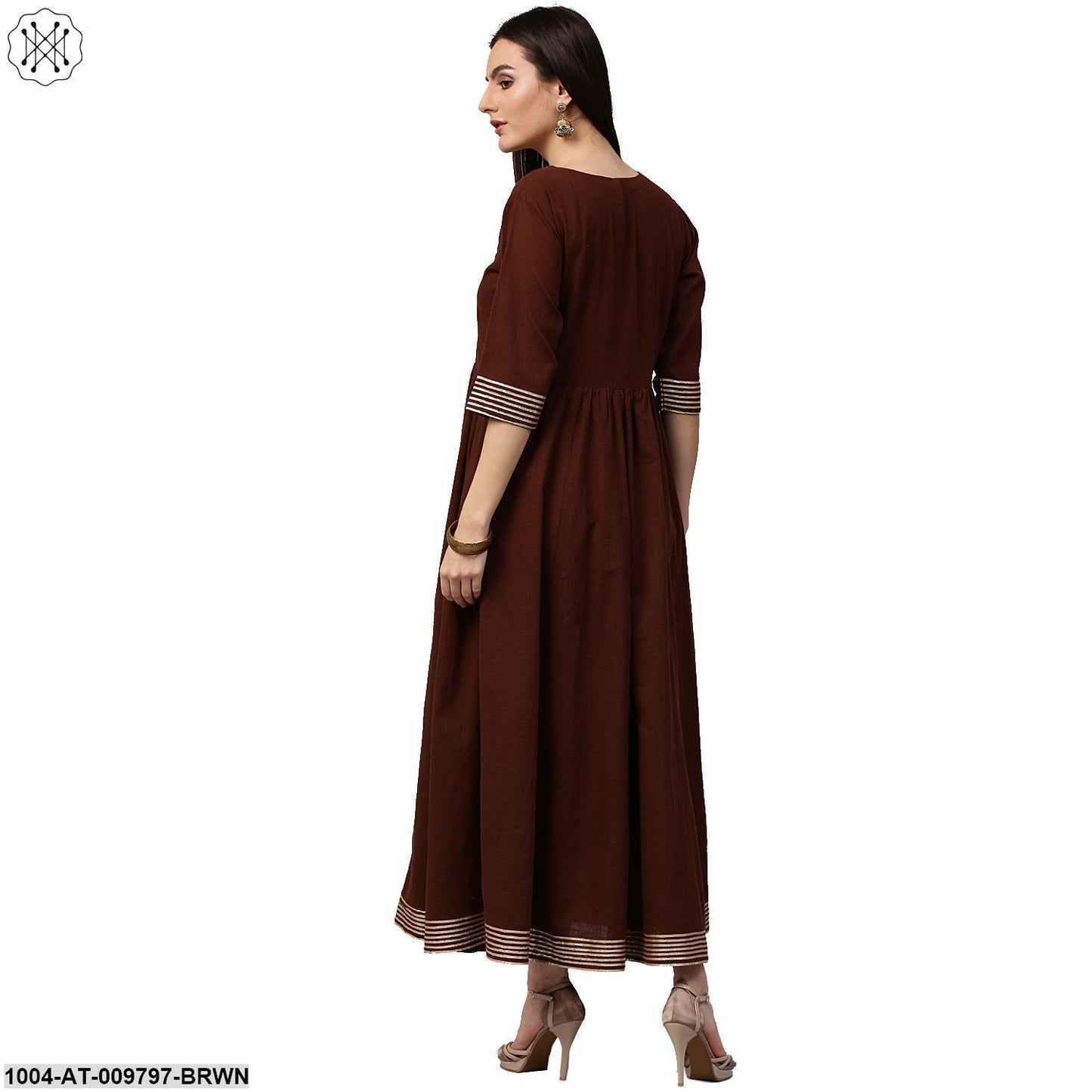 Coffee 3/4Th Sleeve Cotton Anarkali Kurta With Printed Yoke