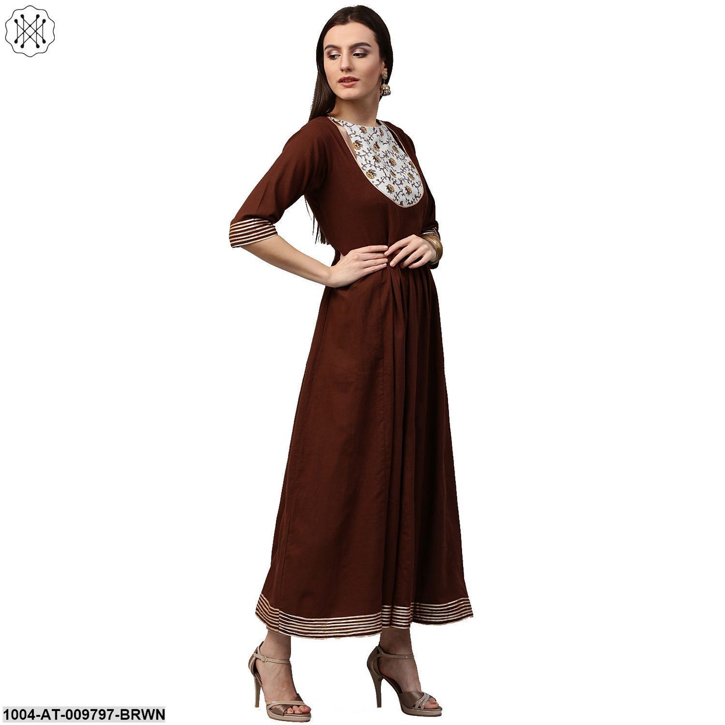 Coffee 3/4Th Sleeve Cotton Anarkali Kurta With Printed Yoke