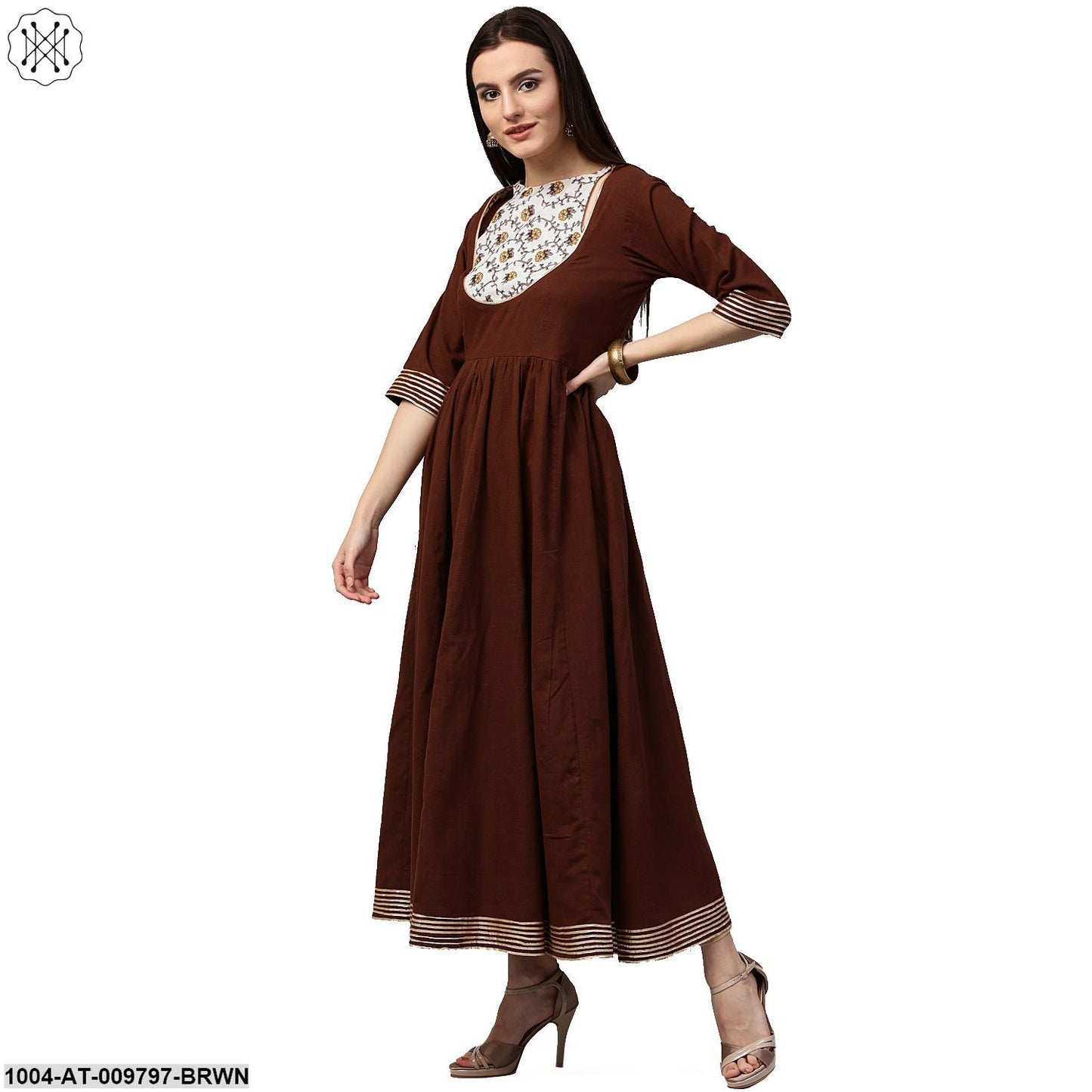 Coffee 3/4Th Sleeve Cotton Anarkali Kurta With Printed Yoke