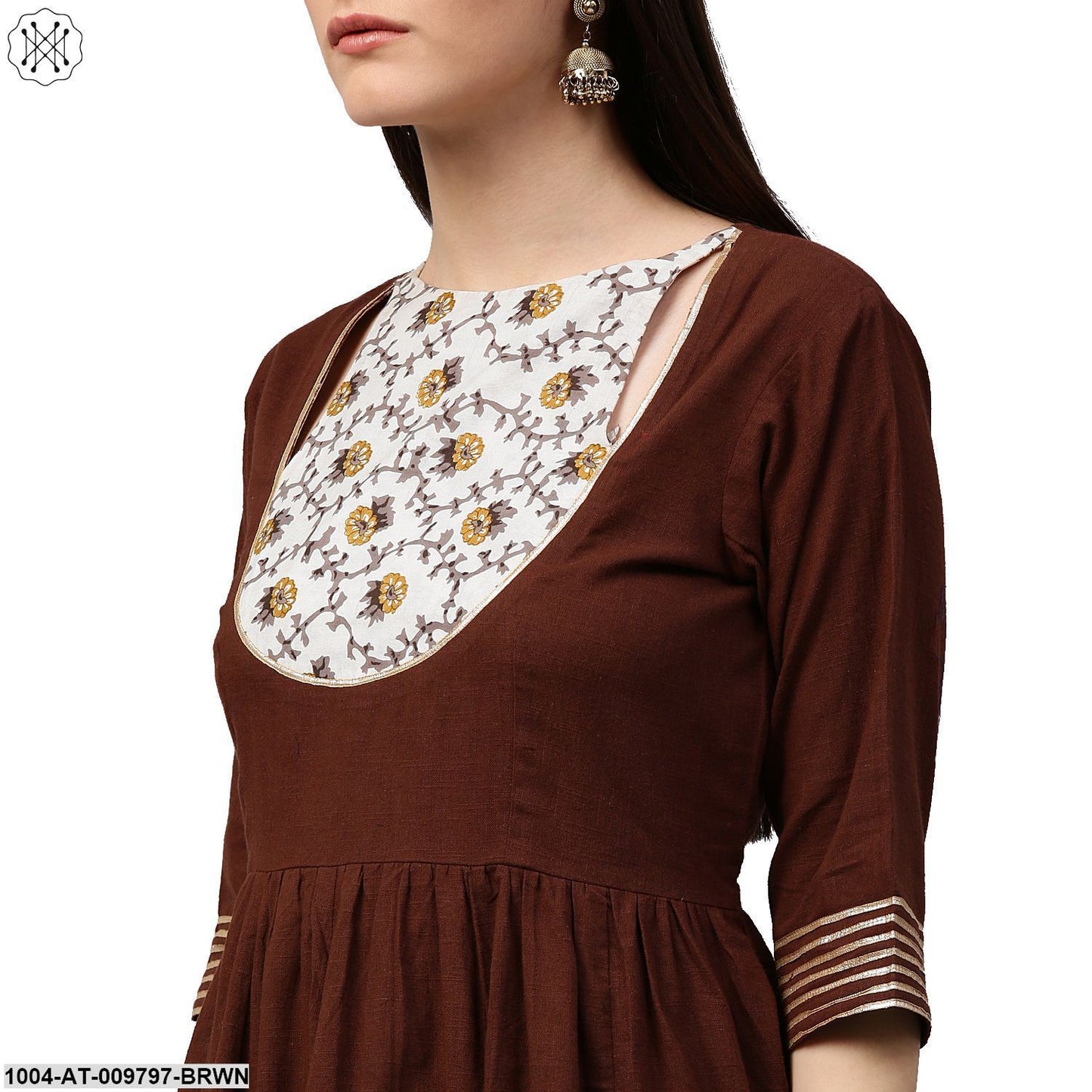 Coffee 3/4Th Sleeve Cotton Anarkali Kurta With Printed Yoke