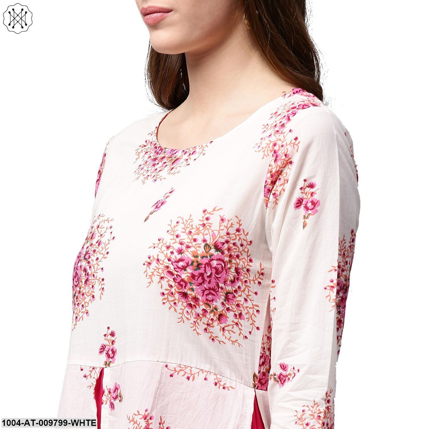 White Printed 3/4Th Sleeve Cotton Double Layer Kurta