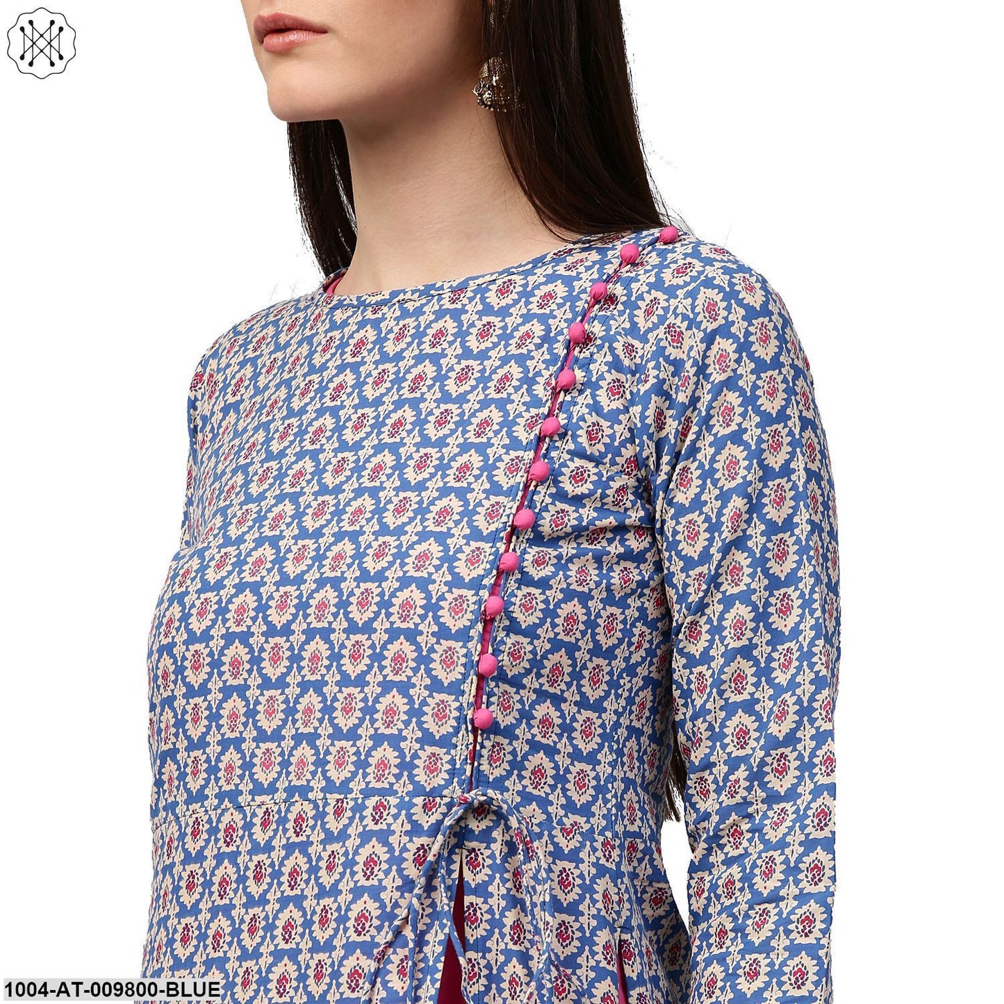 Blue Printed 3/4Th Sleeve Cotton Double Layer Kurta