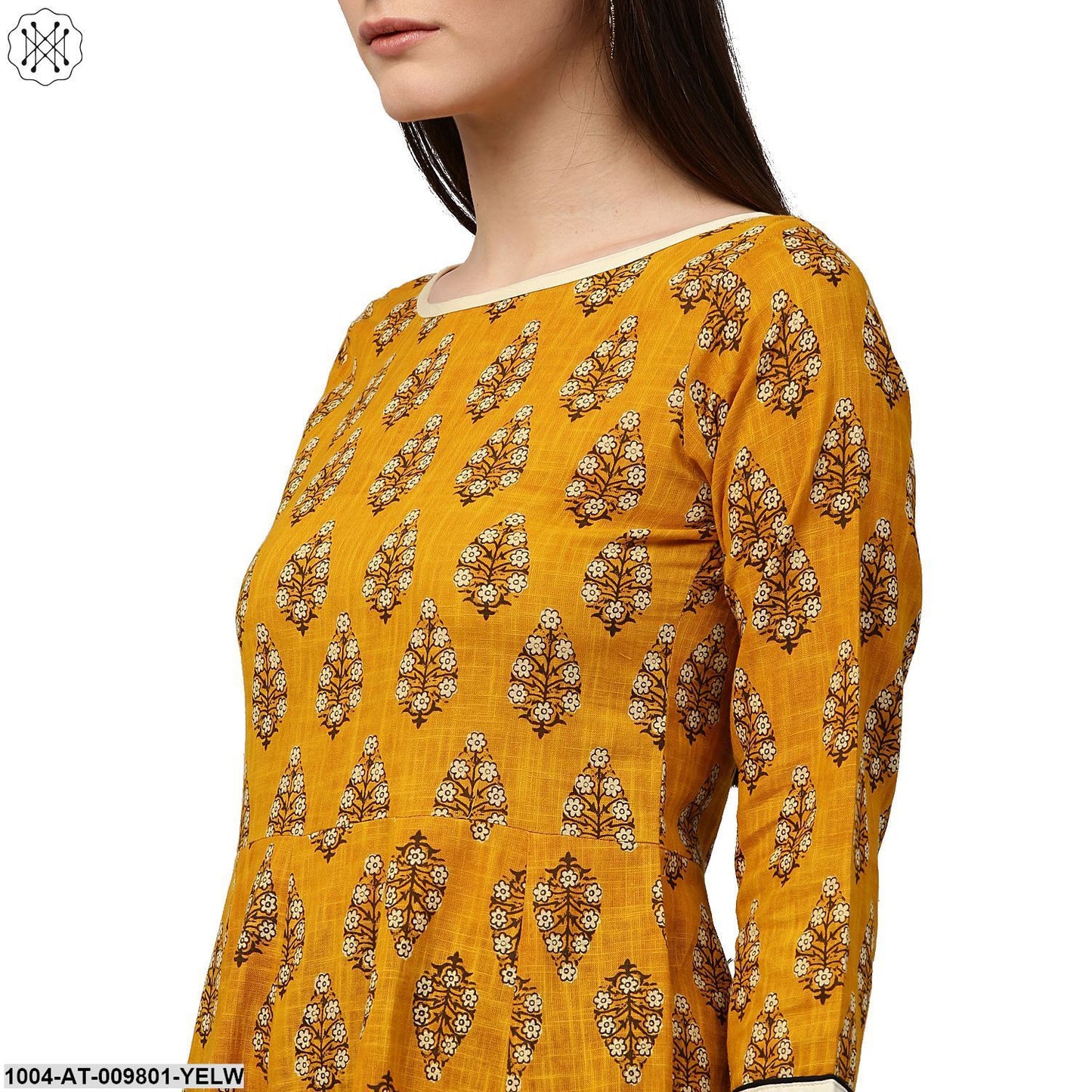 Yellow Printed 3/4Th Sleeve Cotton A-Line Kurta