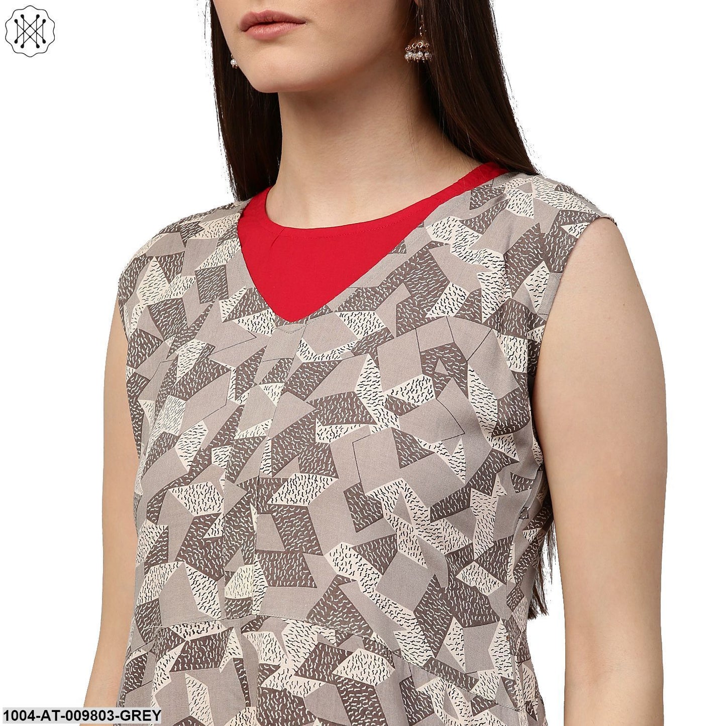Grey Printed Sleeveless Cotton Assymetric Double Layer Kurta