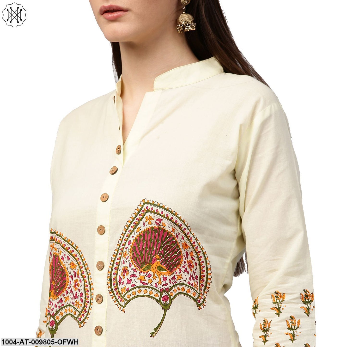 Off White Printed 3/4Th Sleeve Long Cotton Kurta