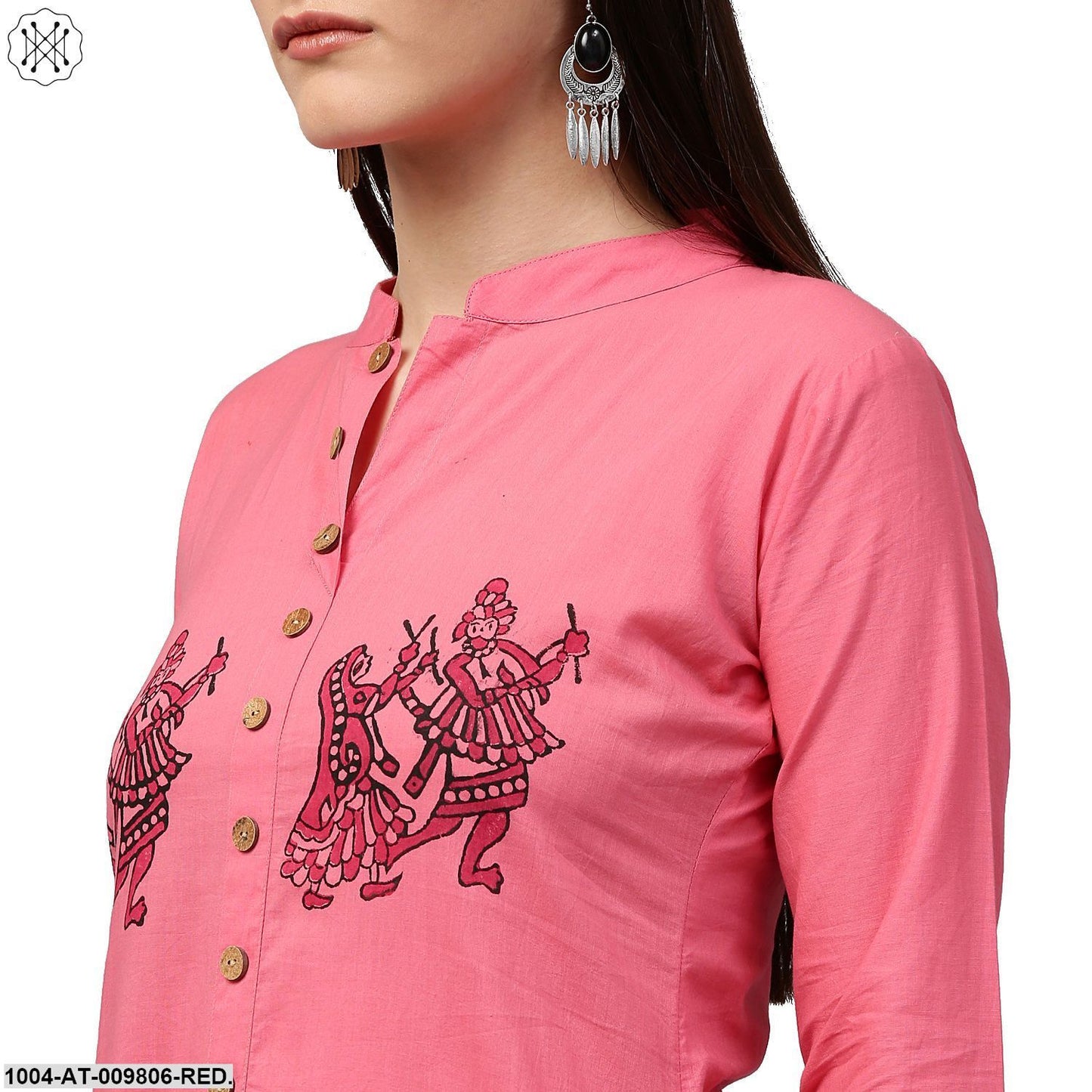 Red Printed 3/4Th Sleeve Cotton A-Line Kurta