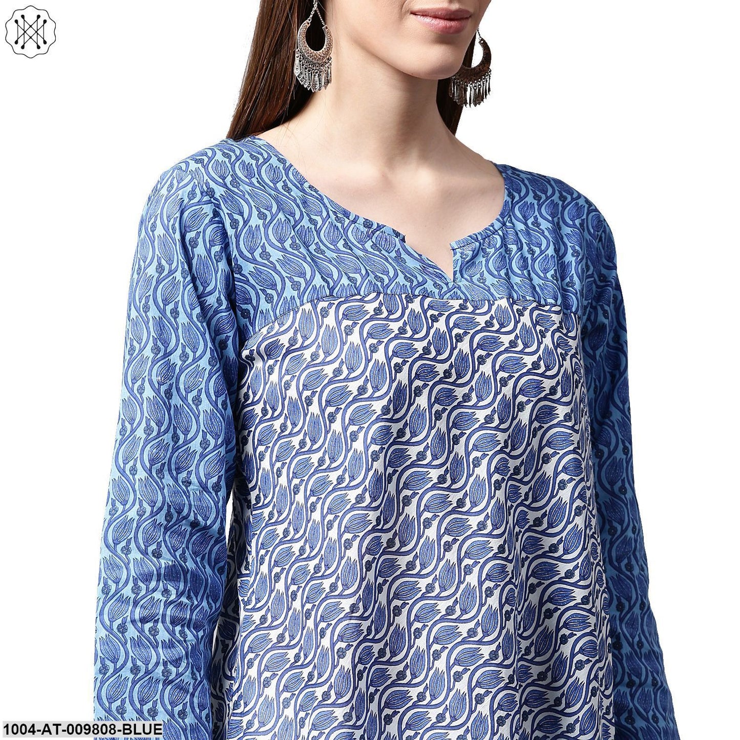 Blue Printed 3/4Th Sleeve Cotton A-Line Kurta